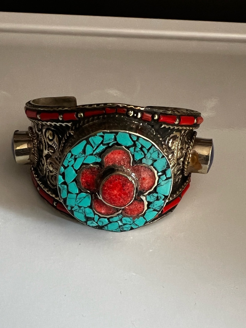 Tibetan Silver Turquoise & Red Inlay Floral Cuff Bracelet - Women Jewelry